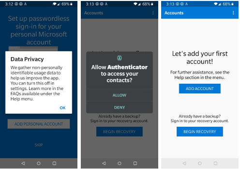 Three Android screens showing a data privacy notice, contact access request, and the "Add account" initial screen.