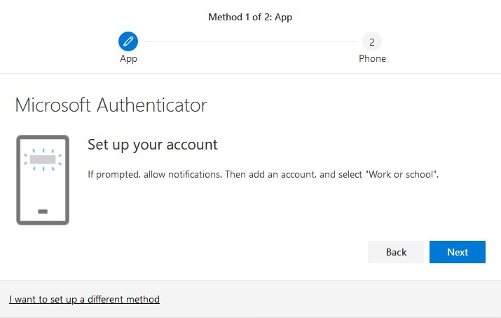 A browser setup screen telling users to allow mobile notifications and add a "Work or school" account.