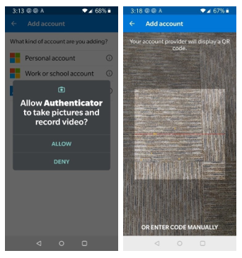 Two Android screenshots: an app permission request for the camera and the resulting QR code scan interface.
