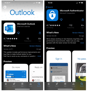 Side-by-side screenshots of the Apple App Store showing the download pages for Microsoft Outlook and Microsoft Authenticator.