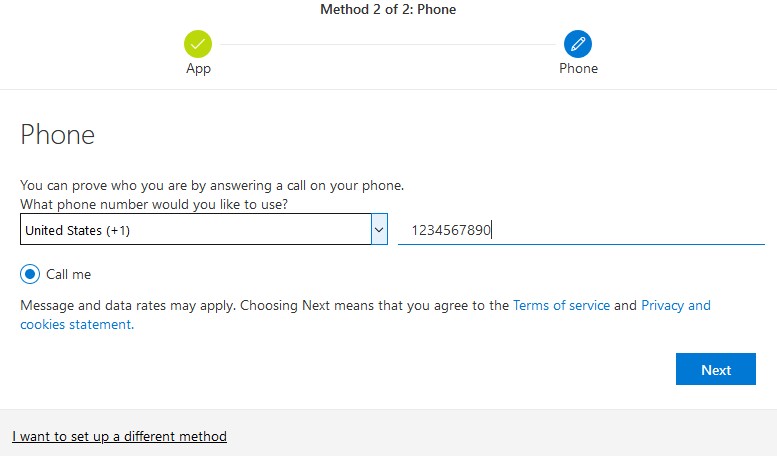 A web page for "Method 2: Phone" with a field for a phone number and the "Call me" option selected.