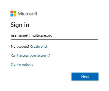 A web browser showing the Microsoft Sign-in page with the email "username@multicare.org" entered.