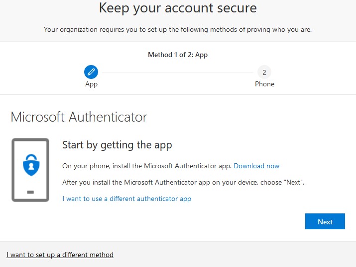 A setup screen instructing the user to allow notifications on their mobile device and select "Work or school" account.