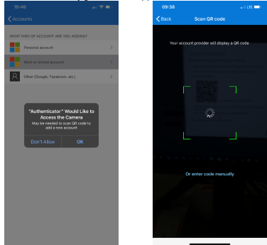 Two iPhone screenshots: one showing a permission prompt for camera access and the other showing the QR code scanner.
