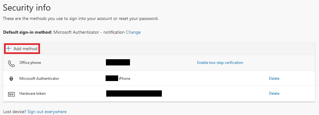 The "Security info" dashboard page highlighting the "+ Add method" button inside a red box.