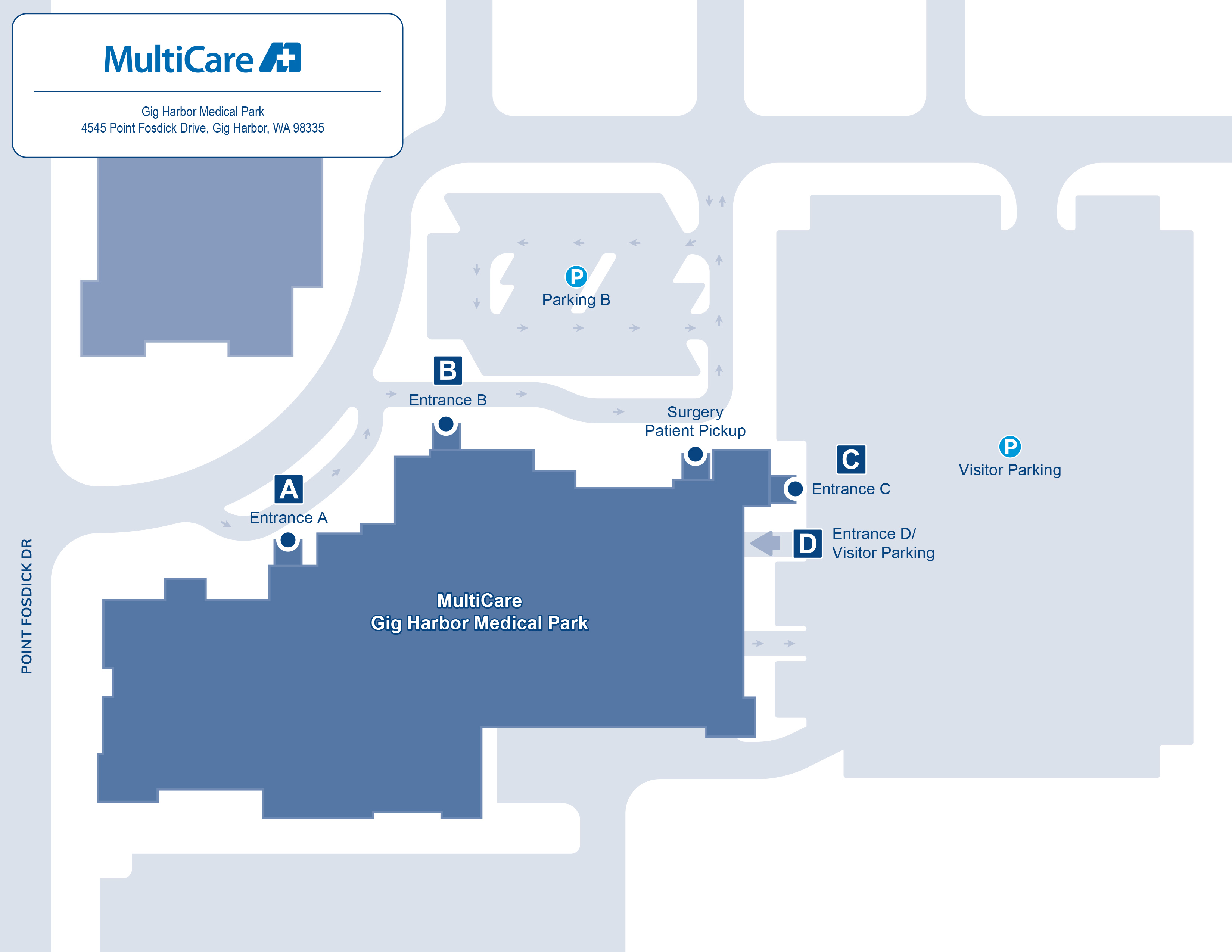 Exterior and parking map of Gig Harbor Medical Park