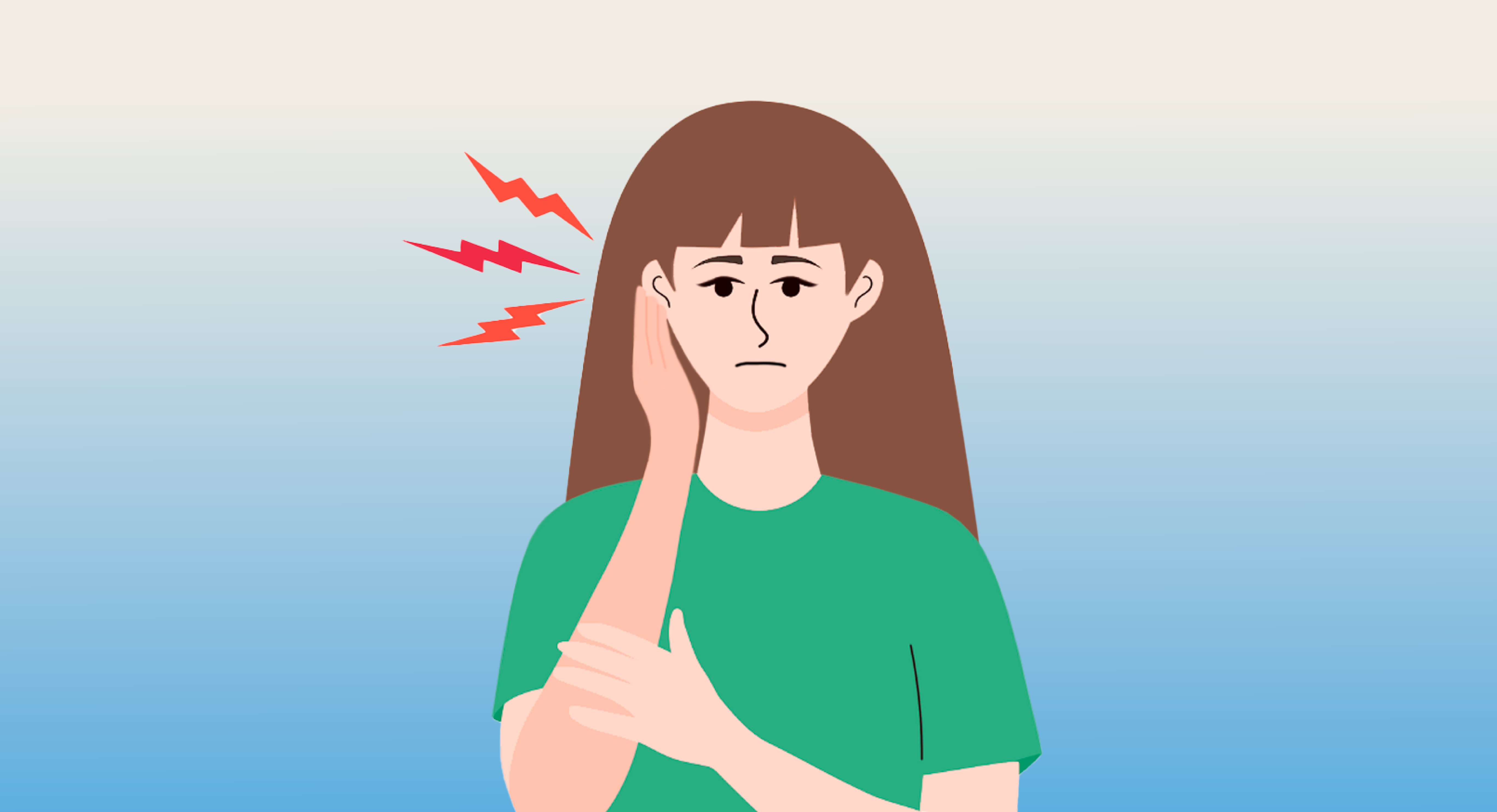 Woman holding hand over ear in discomfort