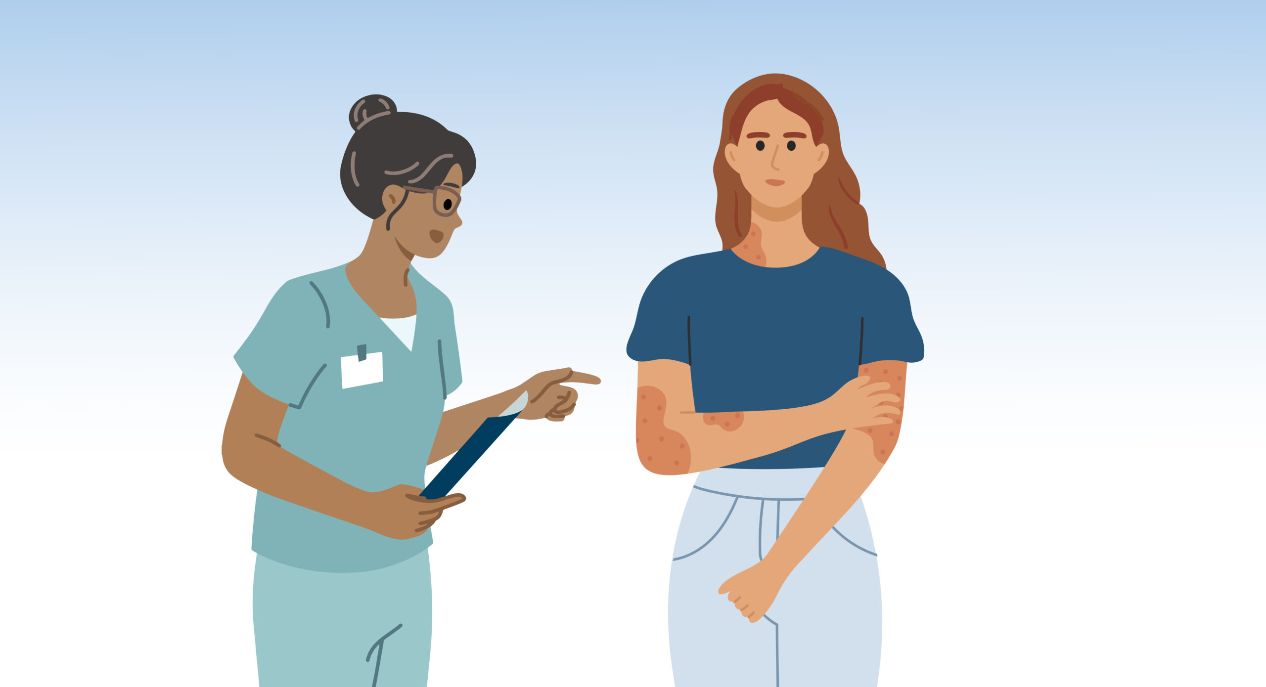 Cartoon of a doctor seeing someone with an itchy arm.