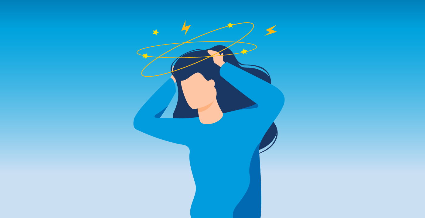 illustration of woman holding head with circles and stars surrounding it to show being dizzy